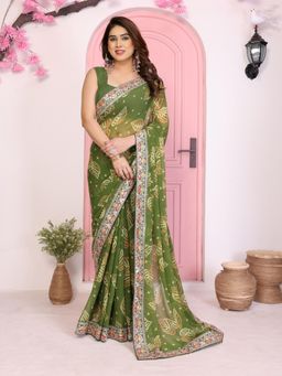 VAIRAGEE - Pan Patta Green Saree with Unstiched Blouse