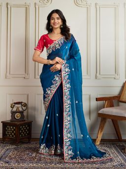 VAIRAGEE - Oreva3 Teal Saree with Unstiched Blouse