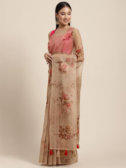 NEERU'S - Beige Floral Sequinned Organza Saree with Unstitched Blouse