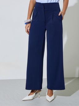 Styli - Women Navy Blue Solid High-Rise Straight Leg Regular Pant