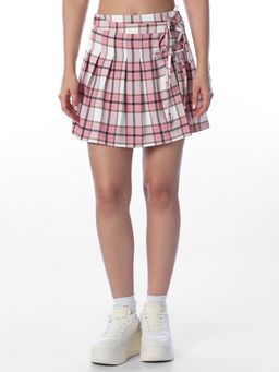 ONLY - Women Checked Flared Fit High-Rise Pink Skort