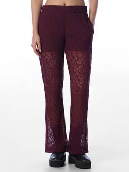 ONLY - Women Self Design Flared Fit High-Rise Maroon Pant