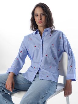 ONLY - Women Embroidery Relaxed Fit Blue Shirt