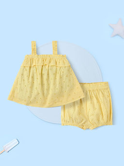 Nautinati - Yellow Solid Schiffli Top with Shorts (Set of 2)