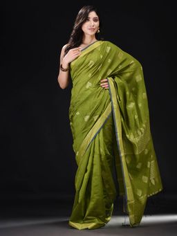 Beatitude - Green Blended Cotton Woven Saree with Unstitched Blouse