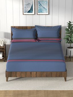 Nautica - 100% Premium Cotton Blue King Bedsheet With 2 Pillow Covers (Set of 3)