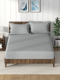 Nautica - 100% Premium Cotton Grey King Bedsheet With 2 Pillow Covers (Set of 3)
