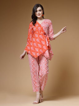 Indibelle - Orange Cotton Floral Printed Co-Ord (Set of 2)