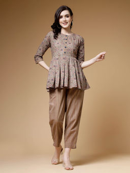 Indibelle - Brown Cotton Floral Print Co-Ord (Set of 2)