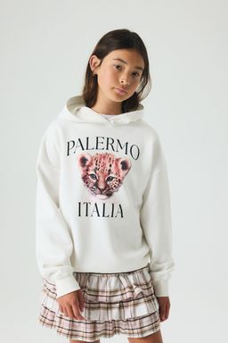 H&M - Girls White Oversized Motif-Detail Hoodie