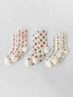 Hopscotch - Cherry Embroidery Stretch Ribbed Socks (Pack Of 3)