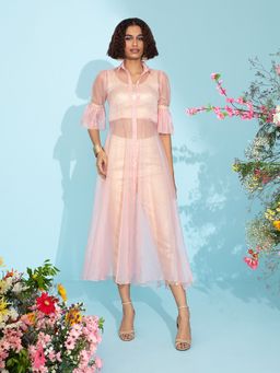 Gajra Gang - Tea-Time Pink Organza Sheer Co-ord Set & Shrug GGSKD80 (Set of 3)