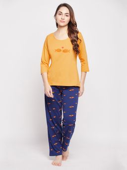 Clovia - Pretty Printed Top & Pyjama Set - 100 Percent Cotton -Yellow