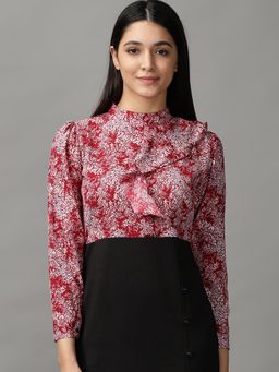 SHOWOFFFF - Womens Round Neck Mini Maroon Printed Dress