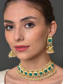 Sohi - Gold Plated White Green Kundan Studded Pearl Beaded Jewellery (Set of 2)