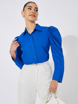 Styli Elevate - Women Royal Blue Solid Puff Long Sleeves Shirt