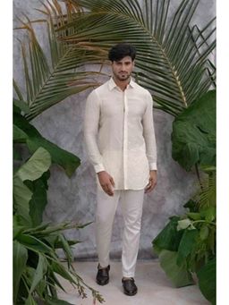 Runit Gupta - Off White Crushed And Embroidered Shirt Kurta With Pyjama (Set of 2)