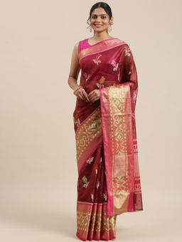 Banarasi Silk Works - Maroon & Pink Art Silk Kanchi Pattu Border Saree with Unstitched Blouse