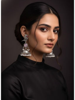 Zoey - Women Oxidised Traditional Pink Peacock Jhumka - White