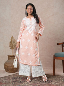 ADA - Ethnic Motifs Hand Embroidered Lucknowi Chikankari Peach Cotton Kurta