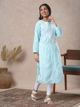 ADA - Ethnic Motifs Hand Embroidered Lucknowi Chikankari Blue Cotton Kurta