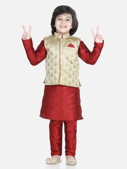 BownBee - Jacquard Jacket Silk Kurta Pajama for Boys - Maroon & Beige (Set of 3)
