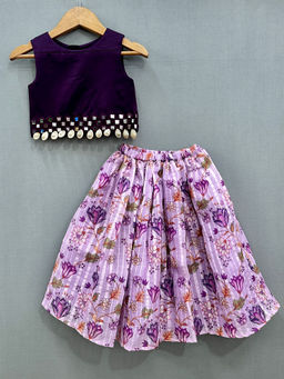 LABEL NEETI - Mirror Embroidered Top with Floral Lehenga (Set of 2)