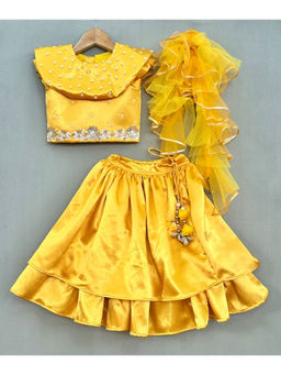 LABEL NEETI - Golden Yellow Lehenga Set with Pearl & Sequin Embellished (Set of 3)
