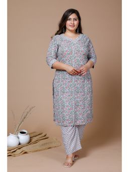 Miravan - Women Plus Size Blue Floral Printed Gota Patti Cotton Kurta With Palazzo (Set of 2)