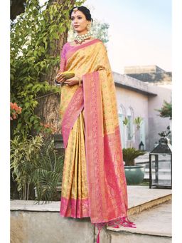 Sangam Prints - Beige Silk Woven Zari Work Traditional Tassel Saree with Unstitched Blouse