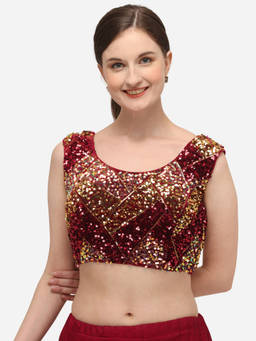 Amrutam Fab - Womens Embroidered & Sequence Work Red Velvet Stiched Blouse With Round Neck