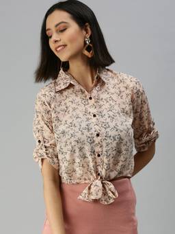 SHOWOFFFF - Women Shirt Collar Floral Peach Regular Top