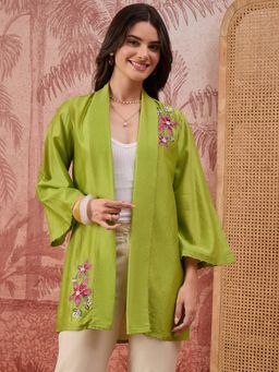 First Resort by Ramola Bachchan - Light Green Floral Hand Embroidered Shrug