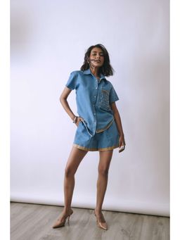 BABITA M - Women'S Denim Solid Blue Shirt with Shorts