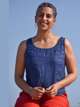 Okhai - Blue Firmament Hand-Embroidered Pure Cotton Sleeveless Top