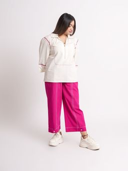 MEESA - Amella Off White Cotton Plain Shirt with Pant