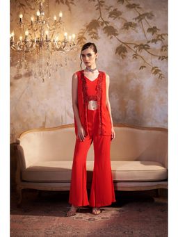 SAKSHI G CHAWLA - Clara Red Georgette Bustier With Pant And Jacket