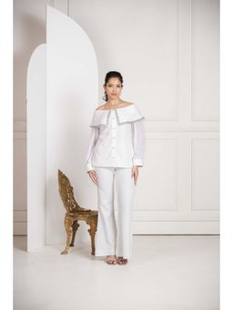 SAKSHI G CHAWLA - Olive Offshoulder White Embroidered Top