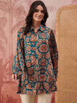 First Resort by Ramola Bachchan - Women Teal Patched Leopard Print Shirt