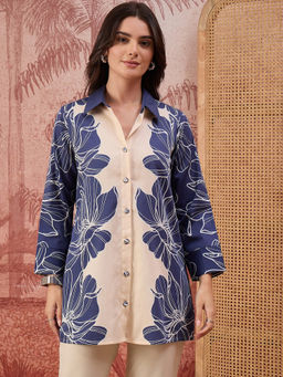 First Resort by Ramola Bachchan - Women Blue Bold Florals Printed Shirt