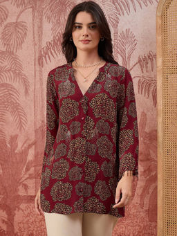 First Resort by Ramola Bachchan - Women Red Leopard Patch Printed Embellished Shirt
