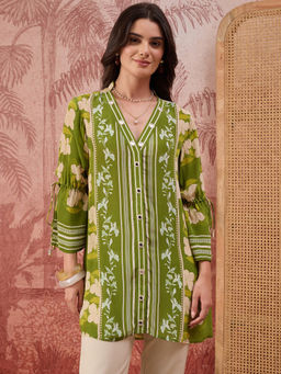 First Resort by Ramola Bachchan - Women Light Green Floral Mirror Embroidered Tassel Top