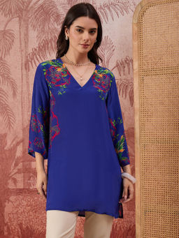 First Resort by Ramola Bachchan - Women Blue Garden Embellished Floral Top