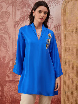 First Resort by Ramola Bachchan - Women Cobalt Blue Hand Embroidered Brooch Style Silk Top