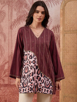 First Resort by Ramola Bachchan - Women Maroon Leopard Print Stripe Hand Embroidered Top