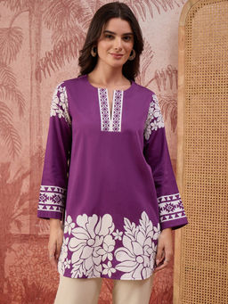 First Resort by Ramola Bachchan - Women Purple Warli-Inspired Floral Printed Top