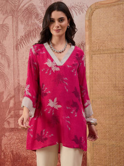 First Resort by Ramola Bachchan - Women Hot Pink Marine Printed Crystal Embellished Top