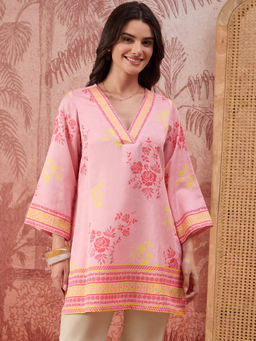 First Resort by Ramola Bachchan - Women Pink And Yellow Rose Printed Geometric Top