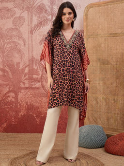 First Resort by Ramola Bachchan - Women Orange Leopard And Zebra Printed Embroidered Tunic