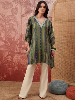 First Resort by Ramola Bachchan - Women Green And Yellow Striped Tunic